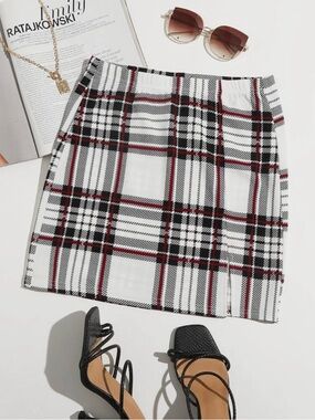 Plaid Mini Skirt in White with Black & Red Lines